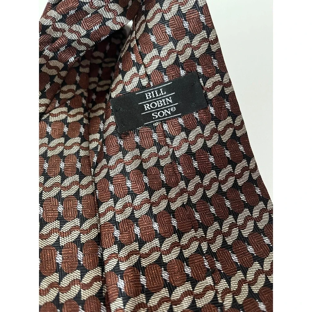 Mens Tie Necktie Bill Robin Son‎ Short Silk Brown Ivory Black Geometric Print
